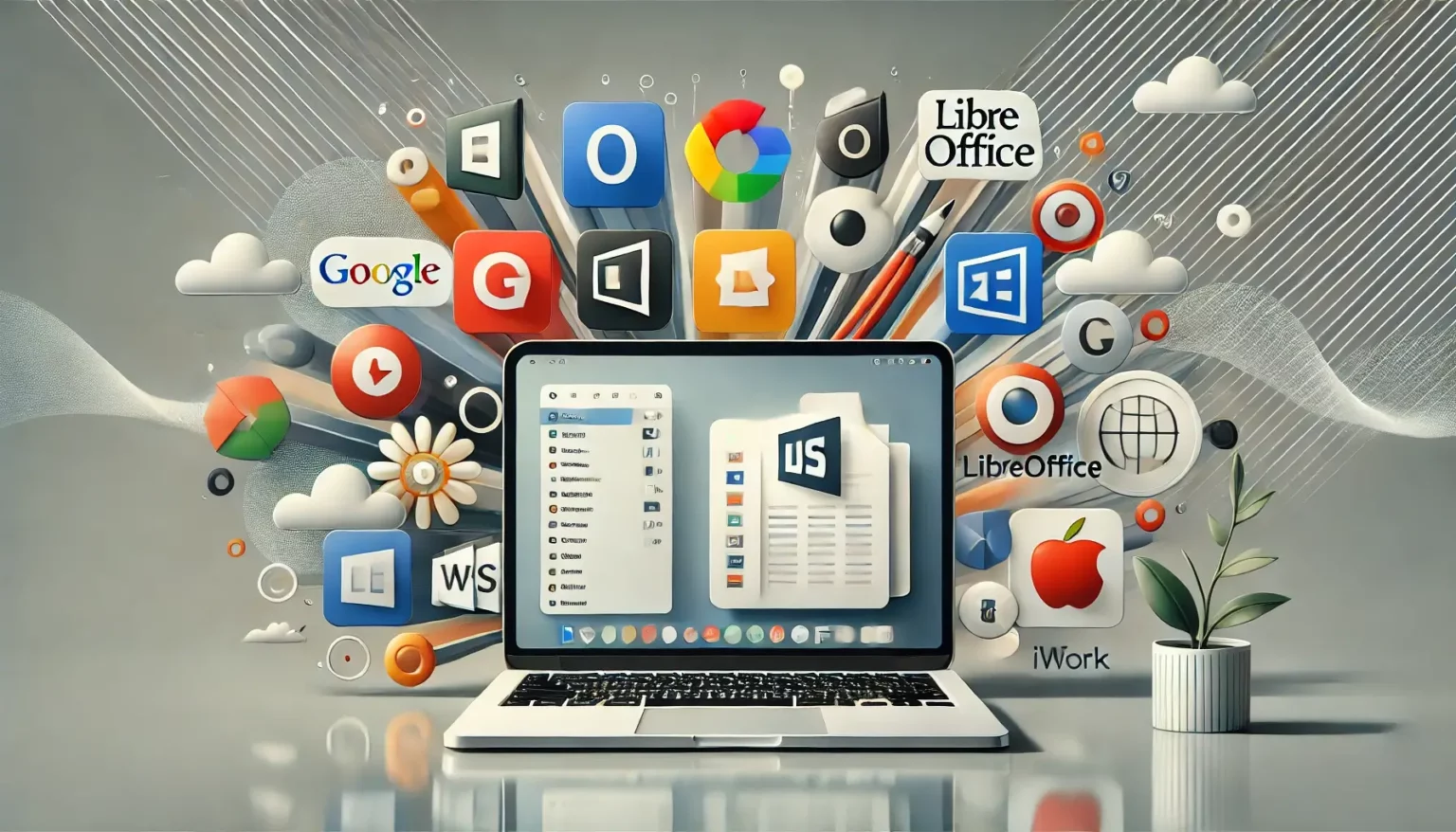 Beitragsbild zum Blogbeitrag über "Microsoft Office Alternativen". Es zeigt verschiedene Programme wie OpenOffice, Google Docs, Libre Office, iWork etc.