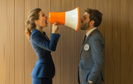 Geschäftliche Szene, die Outbound Marketing symbolisiert: Eine Geschäftsfrau in dunkelblauem Anzug schreit durch ein orange-weißes Megafon direkt ins Gesicht eines Geschäftsmannes in grauem Anzug, der normal vor ihr steht. Die Szene spielt vor einer holzvertäfelten Wand und illustriert humorvoll die direkte, konfrontative Natur von Outbound Marketing gegenüber potenziellen Kunden.