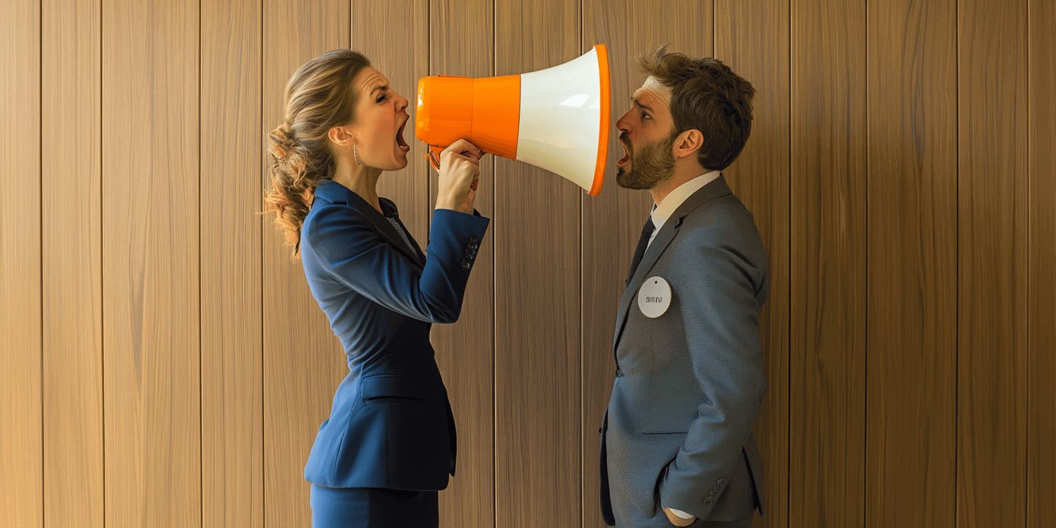 Geschäftliche Szene, die Outbound Marketing symbolisiert: Eine Geschäftsfrau in dunkelblauem Anzug schreit durch ein orange-weißes Megafon direkt ins Gesicht eines Geschäftsmannes in grauem Anzug, der normal vor ihr steht. Die Szene spielt vor einer holzvertäfelten Wand und illustriert humorvoll die direkte, konfrontative Natur von Outbound Marketing gegenüber potenziellen Kunden.