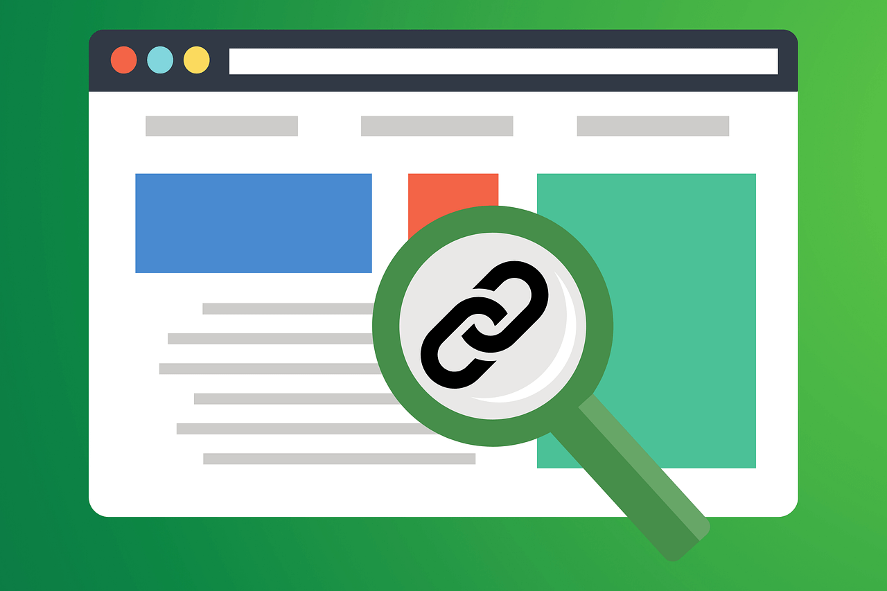 Minimalistisch gestaltete Illustration eines Browser-Fensters mit einer grünen Lupe, die ein Link-Symbol untersucht. Das Fenster zeigt Textblöcke und farbige Bereiche in Blau, Rot und Türkis. Im Browserkopf sind die typischen drei Steuerungskreise in Orange, Hellblau und Gelb zu sehen. Der Hintergrund ist in einem hellen Grünton gehalten.