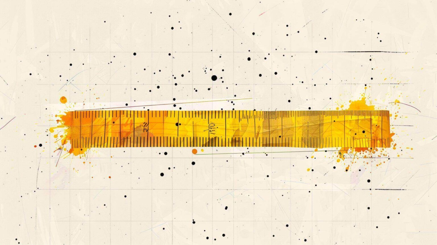 Ein goldenes Lineal liegt horizontal im Zentrum des Bildes auf hellem, technischem Rastergrund. Schwarze Punkte verschiedener Größen sind über die Fläche verteilt. An den Enden des Lineals explodieren goldene Farbspritzer, die einen dynamischen Kontrast zum präzisen Messinstrument bilden. Symbolisiert die Entscheidung zwischen Groß- und Kleinschreibung.