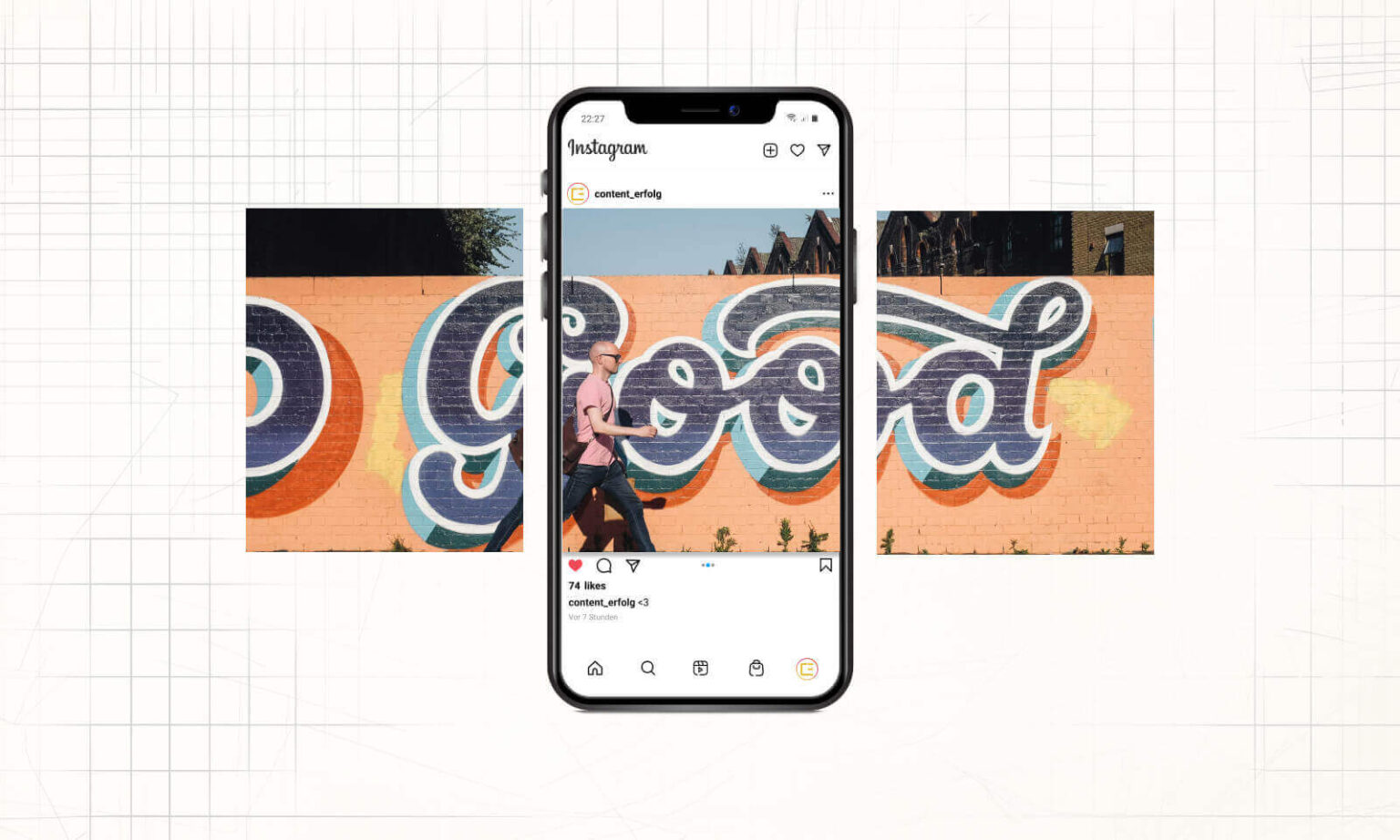 Ein iPhone zeigt einen Instagram-Post des Accounts content_erfolg. Auf dem Display ist ein Carousel-Post zu sehen, der ein Graffiti in Orange- und Türkistönen auf einer Ziegelwand zeigt. Die drei Slides zeigen verschiedene Ausschnitte des Graffitis, wobei in der mittleren Aufnahme eine Person in rosa Shirt vorbeigeht. Das Smartphone ist auf weißem Hintergrund mit technischem Raster platziert.