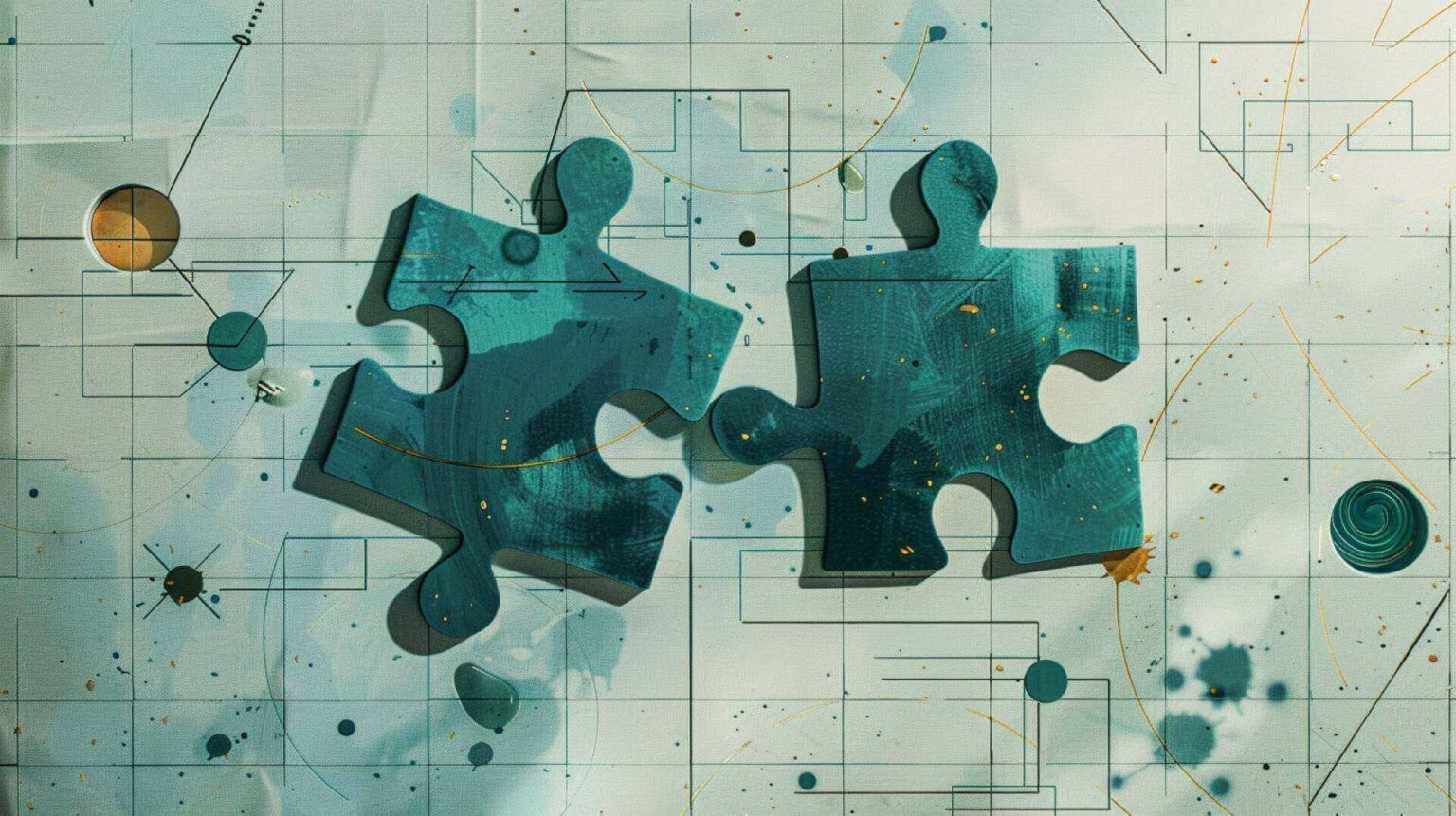 Zwei türkisfarbene Puzzleteile schweben über einem hellen Hintergrund mit technischem Rastermuster. Die Teile sind fast verbunden und werfen weiche Schatten. Geometrische Formen, goldene Linien und türkise Farbspritzer ergänzen die Komposition, während feine schwarze Linien ein technisches Raster bilden. Symbolisiert die Frage nach Zusammen- oder Getrenntschreibung