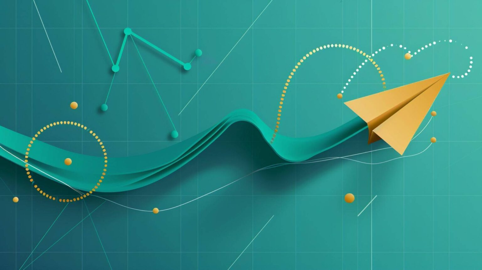 Ein goldenes Papierflugzeug fliegt auf einer dynamischen, türkisfarbenen Wellenlinie über technischem Rasterhintergrund. Goldene, punktierte Kreise und geometrische Formen begleiten die Flugbahn. Symbolisiert das "Zukommen lassen" als aktiven Vorgang des Sendens.