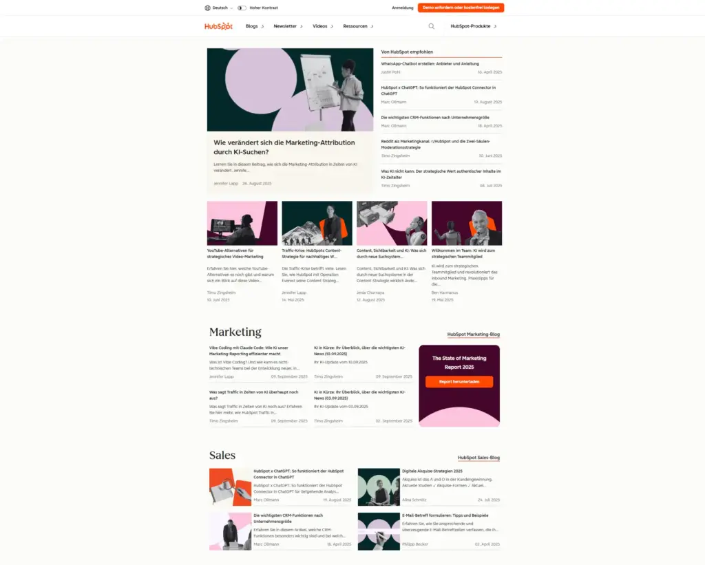 HubSpot Blog-Startseite mit aktuellen Beiträgen zu KI-Marketing, Content-Strategie und modernen Vertriebstipps